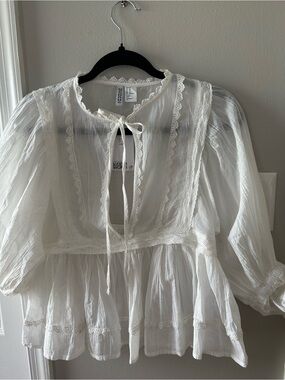 H&M Sheer White Lace-Trim Peasant Blouse